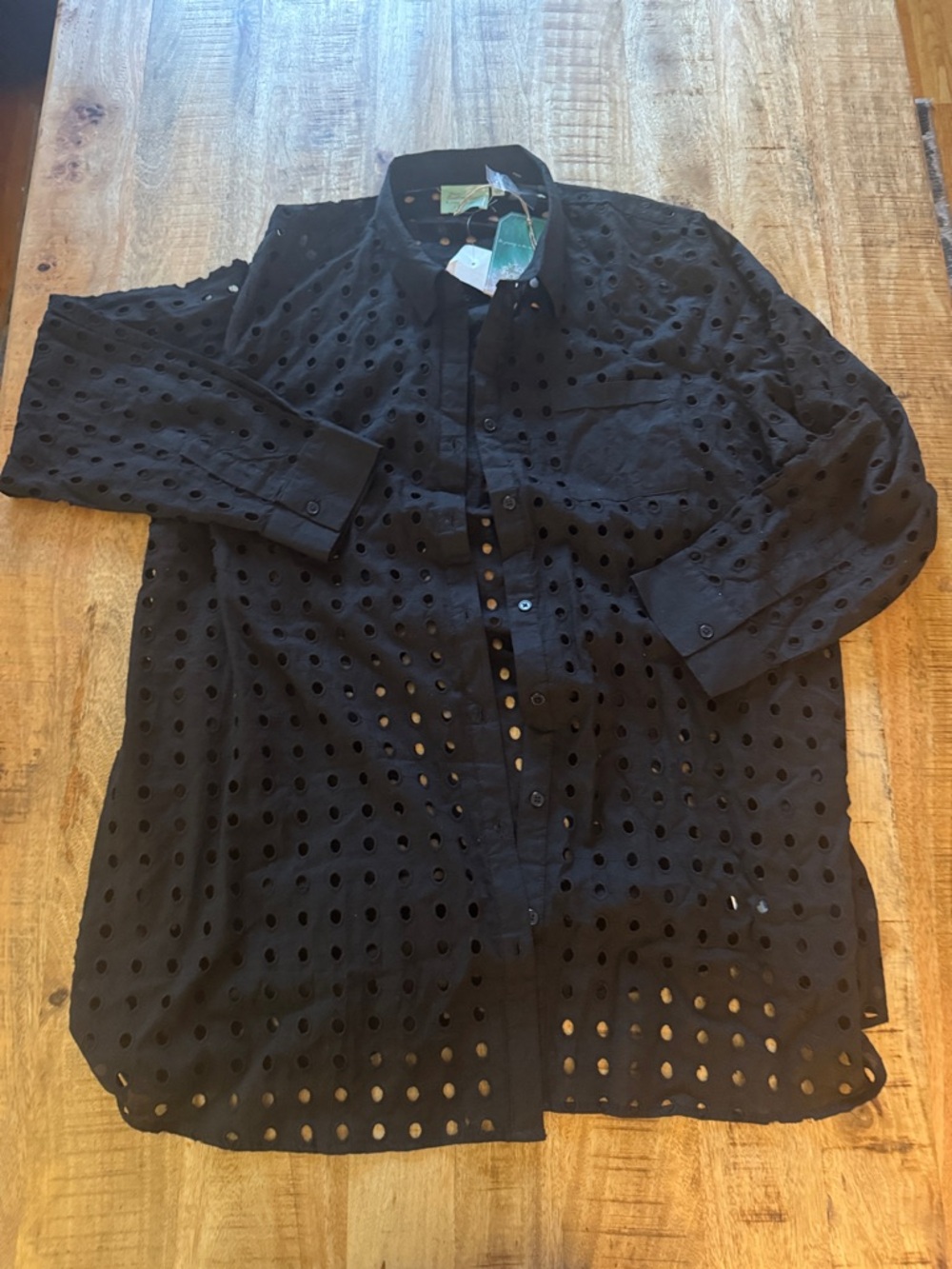 True Destinations Black Eyelet button up swim cover up shirt top 100% cotton XL